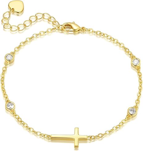 14K Gold Bracelets for Women Gold Cross Bracelet Crosses Bracelet for Womens Unique Chic Horizontal-Shaped Cross with Cubic Zircon Womens Chain Bracelets Adjustable Size (7-8.6) in in Saudi Arabia
