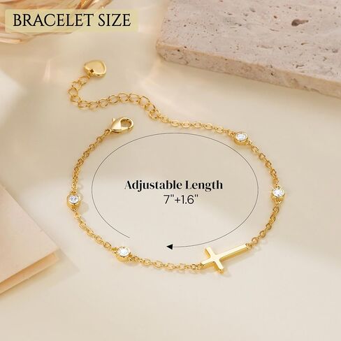14K Gold Bracelets for Women Gold Cross Bracelet Crosses Bracelet for Womens Unique Chic Horizontal-Shaped Cross with Cubic Zircon Womens Chain Bracelets Adjustable Size (7-8.6) in in Saudi Arabia
