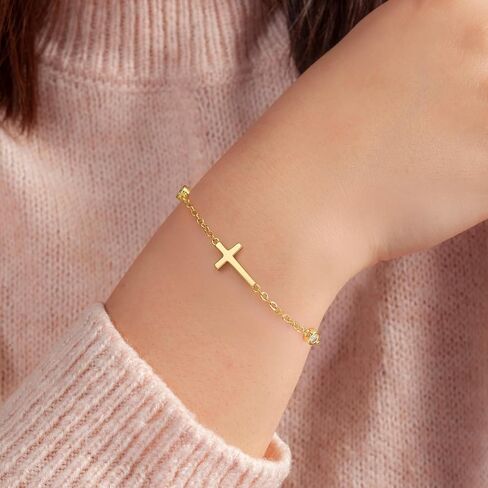 14K Gold Bracelets for Women Gold Cross Bracelet Crosses Bracelet for Womens Unique Chic Horizontal-Shaped Cross with Cubic Zircon Womens Chain Bracelets Adjustable Size (7-8.6) in in Saudi Arabia