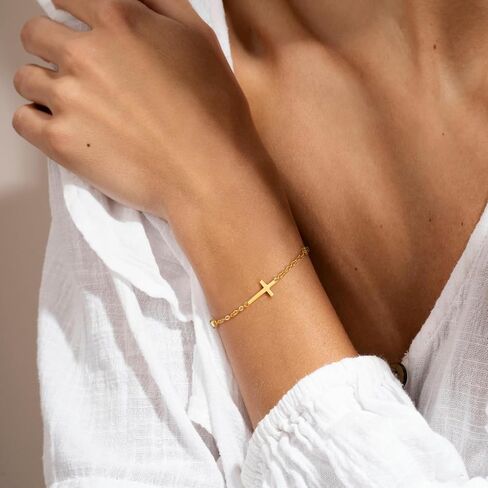 14K Gold Bracelets for Women Gold Cross Bracelet Crosses Bracelet for Womens Unique Chic Horizontal-Shaped Cross with Cubic Zircon Womens Chain Bracelets Adjustable Size (7-8.6) in in Saudi Arabia