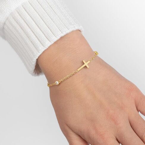 14K Gold Bracelets for Women Gold Cross Bracelet Crosses Bracelet for Womens Unique Chic Horizontal-Shaped Cross with Cubic Zircon Womens Chain Bracelets Adjustable Size (7-8.6) in in Saudi Arabia