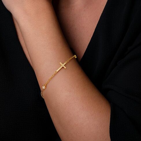 14K Gold Bracelets for Women Gold Cross Bracelet Crosses Bracelet for Womens Unique Chic Horizontal-Shaped Cross with Cubic Zircon Womens Chain Bracelets Adjustable Size (7-8.6) in in Saudi Arabia