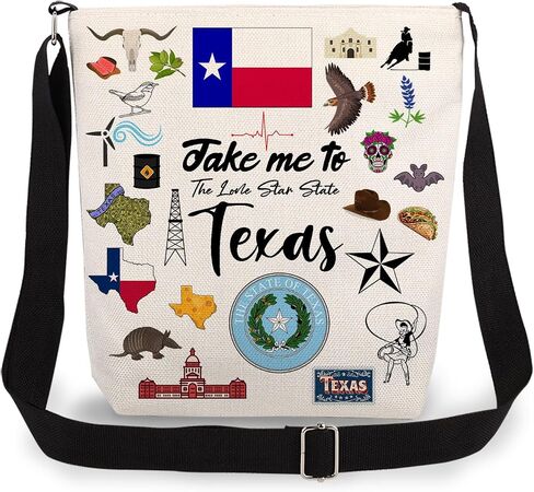 Take Me To Texas Print Canvas Crossbody Bag, Adjustable Strap Lightweight Purse with Top Zipper & Inner Pocket, Daily Shoulder Bag Texas Travel Gift for Women in Saudi Arabia