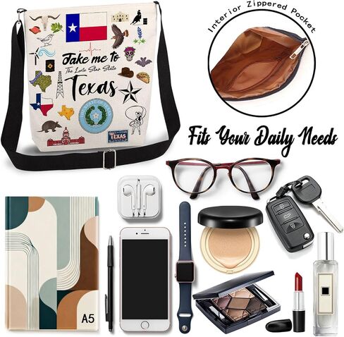 Take Me To Texas Print Canvas Crossbody Bag, Adjustable Strap Lightweight Purse with Top Zipper & Inner Pocket, Daily Shoulder Bag Texas Travel Gift for Women in Saudi Arabia