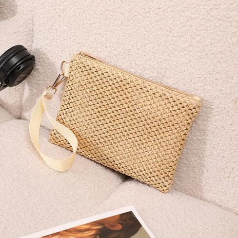 Straw Wristlet Clutch Purse for Women,Small Beach Bag with Zipper Detachable Strap Summer Travel Vacation Essential Organizer in Kuwait