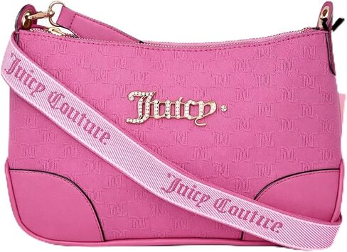 Juicy Couture Blank Canvas Crossbody Bag, Pink, Embossed Logo Pattern with Rhinestone Detail, 10x8x2 Inches, Adjustable Strap in Kuwait