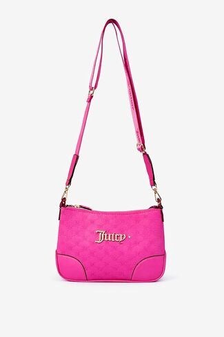 Juicy Couture Blank Canvas Crossbody Bag, Pink, Embossed Logo Pattern with Rhinestone Detail, 10x8x2 Inches, Adjustable Strap in Kuwait