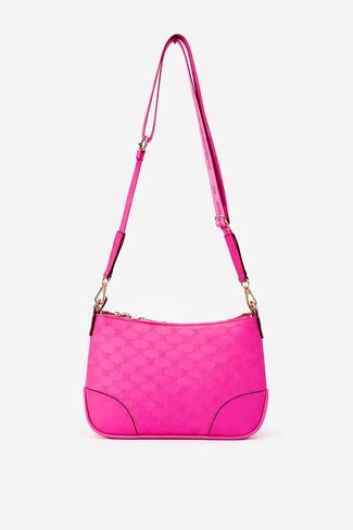 Juicy Couture Blank Canvas Crossbody Bag, Pink, Embossed Logo Pattern with Rhinestone Detail, 10x8x2 Inches, Adjustable Strap in Kuwait