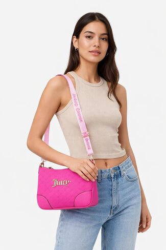 Juicy Couture Blank Canvas Crossbody Bag, Pink, Embossed Logo Pattern with Rhinestone Detail, 10x8x2 Inches, Adjustable Strap in Kuwait