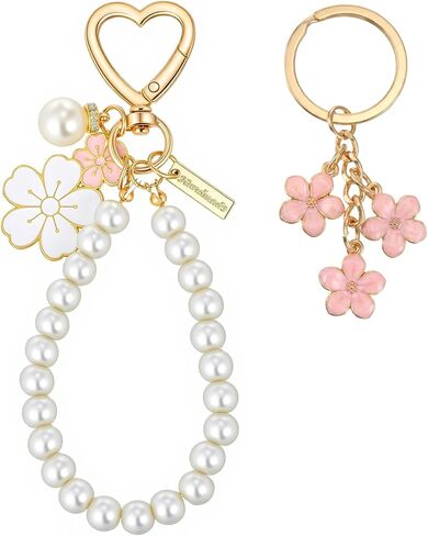 Ymapinc 2 Pcs Car Keychain for Women, Women Keychain for Car Keys, Pearl & Flower Keychains Kit, Pink & White Girly Keychains, Perfect for Purses in Kuwait