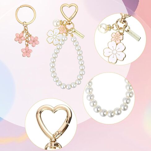 Ymapinc 2 Pcs Car Keychain for Women, Women Keychain for Car Keys, Pearl & Flower Keychains Kit, Pink & White Girly Keychains, Perfect for Purses in Kuwait