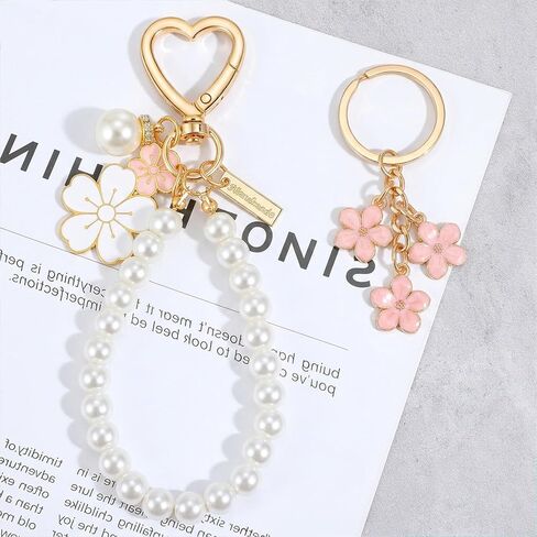 Ymapinc 2 Pcs Car Keychain for Women, Women Keychain for Car Keys, Pearl & Flower Keychains Kit, Pink & White Girly Keychains, Perfect for Purses in Kuwait