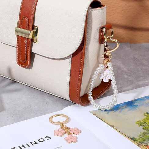 Ymapinc 2 Pcs Car Keychain for Women, Women Keychain for Car Keys, Pearl & Flower Keychains Kit, Pink & White Girly Keychains, Perfect for Purses in Kuwait