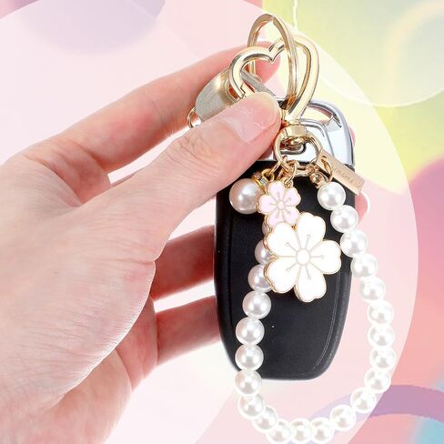 Ymapinc 2 Pcs Car Keychain for Women, Women Keychain for Car Keys, Pearl & Flower Keychains Kit, Pink & White Girly Keychains, Perfect for Purses in Kuwait