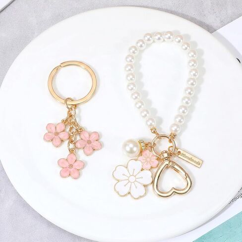 Ymapinc 2 Pcs Car Keychain for Women, Women Keychain for Car Keys, Pearl & Flower Keychains Kit, Pink & White Girly Keychains, Perfect for Purses in Kuwait