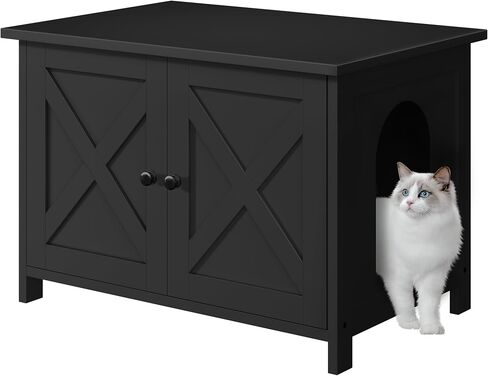JY QAQA Cat Litter Box Enclosure,Litter Box Furniture Hidden with Barn Door,Wooden Cat Washroom Furniture,Cat House,Fit Most of Litter Box,White in Kuwait
