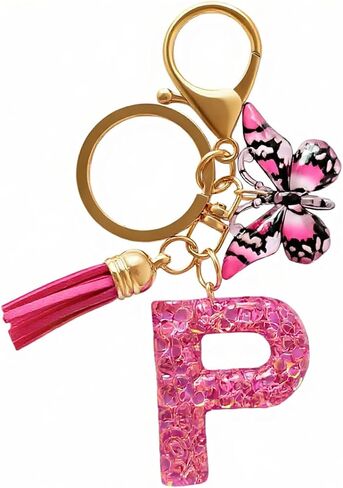 Cute Initial Letter Keychains for Girls Women Tassel Butterfly Charm Purple Blue Alphabet Keychain for Backpack in Saudi Arabia