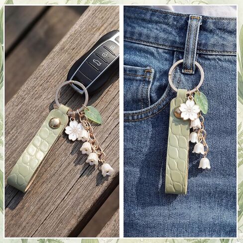 2 Sets Lily of The Valley Leaf Charms Keychain Charm for Women Mother Flower Jewelry Accessory Leather Chains Tassel Keyring Jewellery Purse Bag Accessories in Saudi Arabia