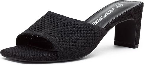 Vepose Women's Slip On Heeled Sandals, Approx 3 Inch Slim Block Heel, Square Open Toe Knit Mesh Woven Mules - Comfortable Dressy Shoes for Wedding Guest 6108 in Kuwait