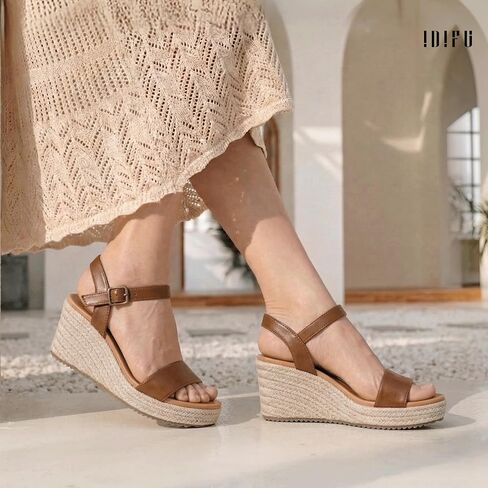 IDIFU IN3 Platform Espadrilles Wedges for Women Slip on Ankle Strap Square Open Toe Slingback Dressy Sandals Comfortable Casual Cute Summer Vacation Wedding Wedges Sandals in Kuwait