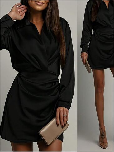 GORGLITTER Women's Satin Long Sleeve Mini Dress Sexy Ruched Wrap Collar V Neck Casual Formal Prom Tunic T Shirts Dresses in Kuwait