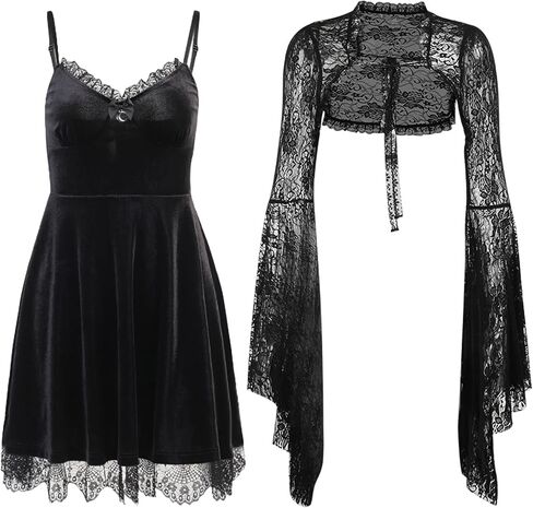 TSMNZMU Womens Gothic Two-Piece Dresses Vintage Velvet Lace Dress Sexy Backless Spaghetti Strap Dress Party Clothes in Saudi Arabia