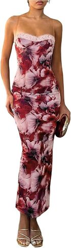 WDIRARA Women's Floral Print Sleeveless Bodycon Dress Lace Up Split Back Long Cami Dress in Kuwait