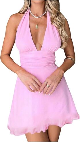 Floerns Women's Halter Mini Dress Ruched Tie Backless Summer A Line Club Party Dresses in Kuwait
