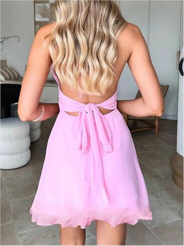 Floerns Women's Halter Mini Dress Ruched Tie Backless Summer A Line Club Party Dresses in Kuwait