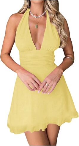 Floerns Women's Halter Mini Dress Ruched Tie Backless Summer A Line Club Party Dresses in Saudi Arabia