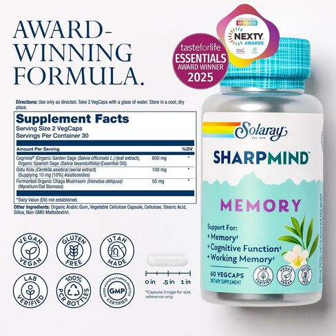 تركيبة ذاكرة SOLARAY SharpMind - مكملات الدماغ للذاكرة والتركيز - مكمل فطر كوجنيفيا وغوتو كولا وشاجا - بديل الجنكة بيلوبا - ضمان لمدة 60 يومًا - 30 وجبة، 60 كبسولة نباتية in Kuwait
