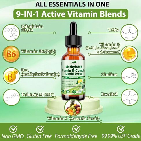 Methylated B Complex Liquid Drop Complete 9-in-1 Methyl B Vitamins w. B12 Methylfolate Inositol Choline TMG Vitamin C E, Super B-Complex Methylated for MTHFR Support, Energy Mood Nerve & Brain Health1 in Saudi Arabia