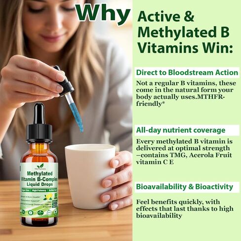 Methylated B Complex Liquid Drop Complete 9-in-1 Methyl B Vitamins w. B12 Methylfolate Inositol Choline TMG Vitamin C E, Super B-Complex Methylated for MTHFR Support, Energy Mood Nerve & Brain Health1 in Saudi Arabia