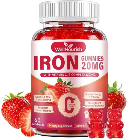 2 Pack Iron Supplement Gummies for Women & Kids, 20mg Gentle Iron with Vitamin C, Sugar Free Strawberry Blood Builder, Non-Constipating, B12 Folate Zinc, No Metallic Taste, 120 Count in Kuwait