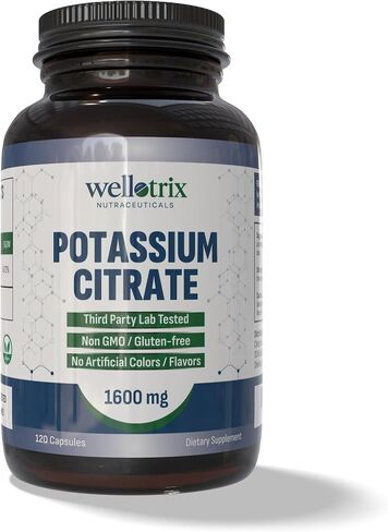 Wellotrix Potassium Citrate 1600 mg – 120 Vegan Capsules – Electrolyte Balance, Kidney Support, Urinary pH Health – Non-GMO, Gluten-Free, Made in USA – Vegan Formula in Kuwait