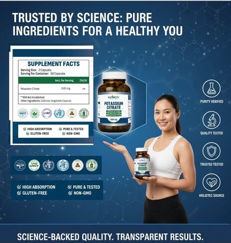 Wellotrix Potassium Citrate 1600 mg – 120 Vegan Capsules – Electrolyte Balance, Kidney Support, Urinary pH Health – Non-GMO, Gluten-Free, Made in USA – Vegan Formula in Kuwait