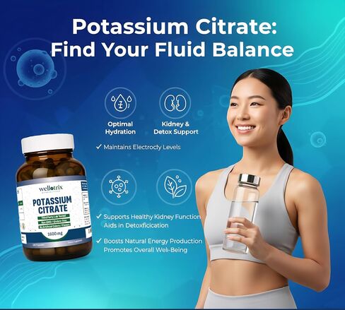 Wellotrix Potassium Citrate 1600 mg – 120 Vegan Capsules – Electrolyte Balance, Kidney Support, Urinary pH Health – Non-GMO, Gluten-Free, Made in USA – Vegan Formula in Kuwait