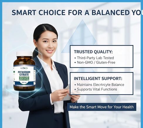Wellotrix Potassium Citrate 1600 mg – 120 Vegan Capsules – Electrolyte Balance, Kidney Support, Urinary pH Health – Non-GMO, Gluten-Free, Made in USA – Vegan Formula in Kuwait