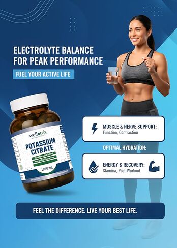 Wellotrix Potassium Citrate 1600 mg – 120 Vegan Capsules – Electrolyte Balance, Kidney Support, Urinary pH Health – Non-GMO, Gluten-Free, Made in USA – Vegan Formula in Kuwait
