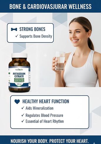 Wellotrix Potassium Citrate 1600 mg – 120 Vegan Capsules – Electrolyte Balance, Kidney Support, Urinary pH Health – Non-GMO, Gluten-Free, Made in USA – Vegan Formula in Kuwait