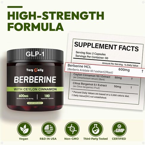 Liposomal Berberine HCl 600mg Capsules with Ceylon Cinnamon & Citrus Bergamot, Vegetarian Supplement for Everyday Metabolic Support & Nutrient Utilization, 180 Count, 90-Day Supply in Saudi Arabia
