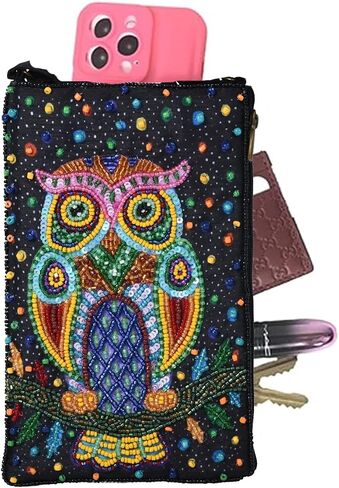 حقيبة كروس للهاتف مطرزة على شكل بومة Hoot: حقيبة يد قابلة للتحويل مع خرزات متعددة الألوان، تصميم البومة الحكيمة in Kuwait