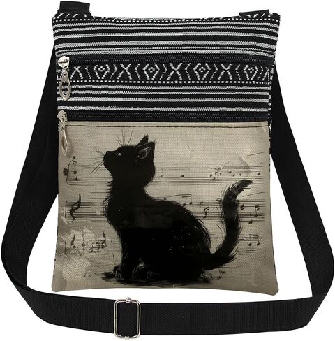 Classic Black Cat with Music Notes Print Crossbody Bag Adjustable Strap Purse for Cat Lovers Daily Use Messenger Bag Birthday Gift for Women Friends Unique Christmas Holiday Present in Saudi Arabia