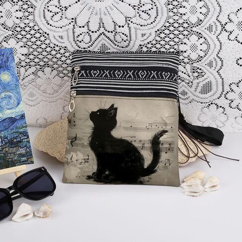 Classic Black Cat with Music Notes Print Crossbody Bag Adjustable Strap Purse for Cat Lovers Daily Use Messenger Bag Birthday Gift for Women Friends Unique Christmas Holiday Present in Saudi Arabia