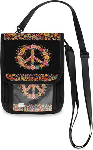 ALAZA Hippie علامة السلام الأزهار الصغيرة محفظة كروسبودي محفظة الهاتف الخليوي حقيبة حامل جواز السفر تتفاعل مع فتحات بطاقة الائتمان in Kuwait