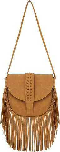 Fringe Crossbody Bag for Women, PU Leather Small Tassel Shoulder Purse with Zip Snap Vintage Semicircle Hobo Bag in Saudi Arabia