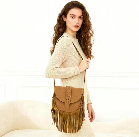 Fringe Crossbody Bag for Women, PU Leather Small Tassel Shoulder Purse with Zip Snap Vintage Semicircle Hobo Bag in Saudi Arabia