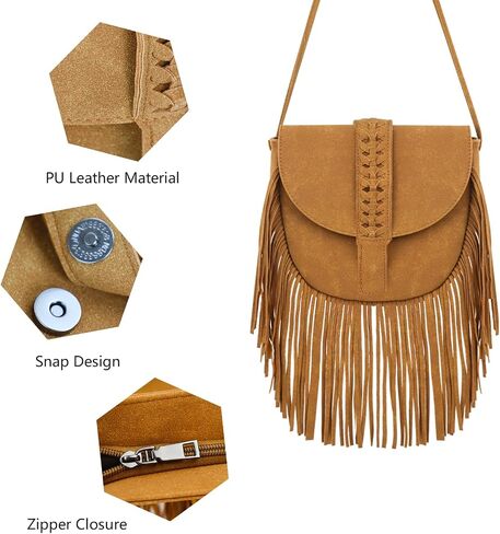 Fringe Crossbody Bag for Women, PU Leather Small Tassel Shoulder Purse with Zip Snap Vintage Semicircle Hobo Bag in Saudi Arabia