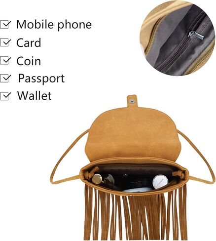 Fringe Crossbody Bag for Women, PU Leather Small Tassel Shoulder Purse with Zip Snap Vintage Semicircle Hobo Bag in Saudi Arabia