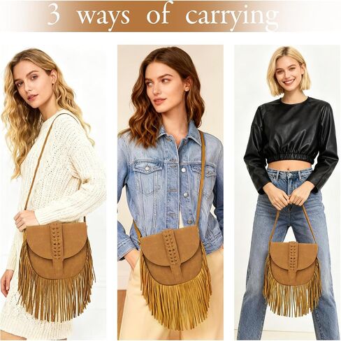 Fringe Crossbody Bag for Women, PU Leather Small Tassel Shoulder Purse with Zip Snap Vintage Semicircle Hobo Bag in Saudi Arabia